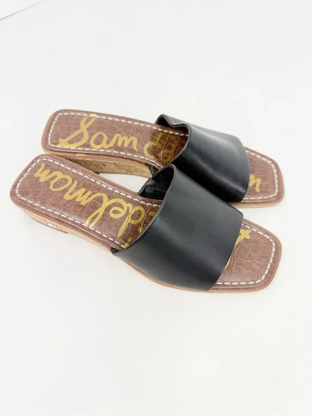 Sam Edelman VALERY Black Leather Padded Footbed Cork Wedge Slide Sandals